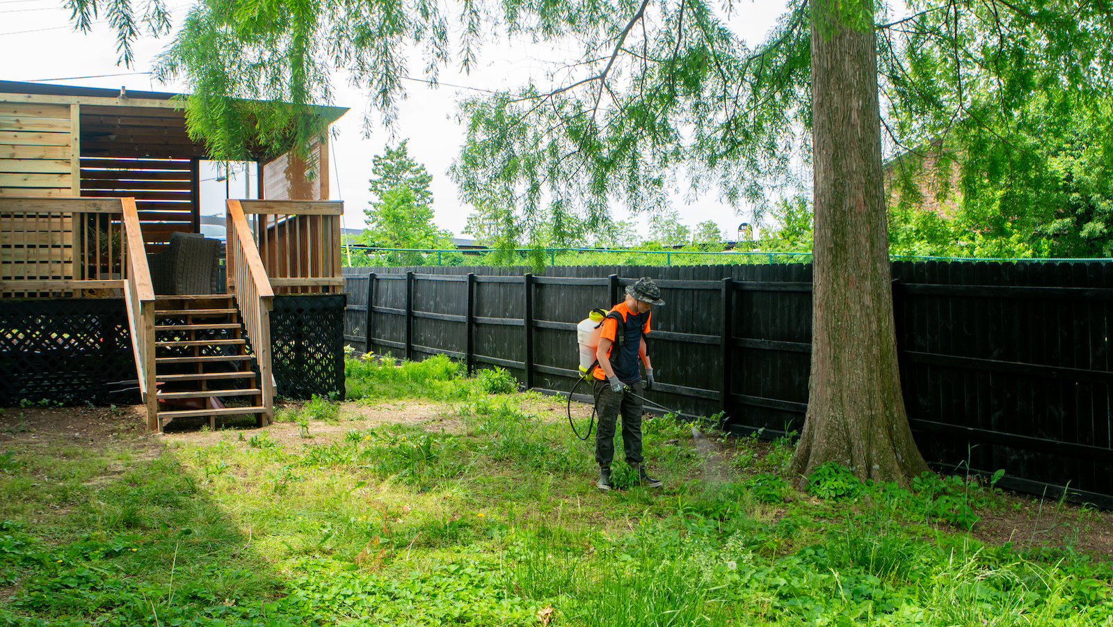 crew killing weeds back yard landscape bed 2-1