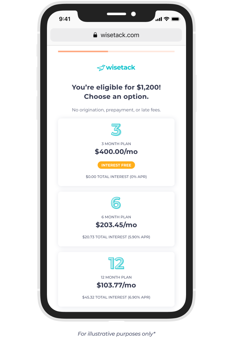 Wisetack product - offer screen - $1,200
